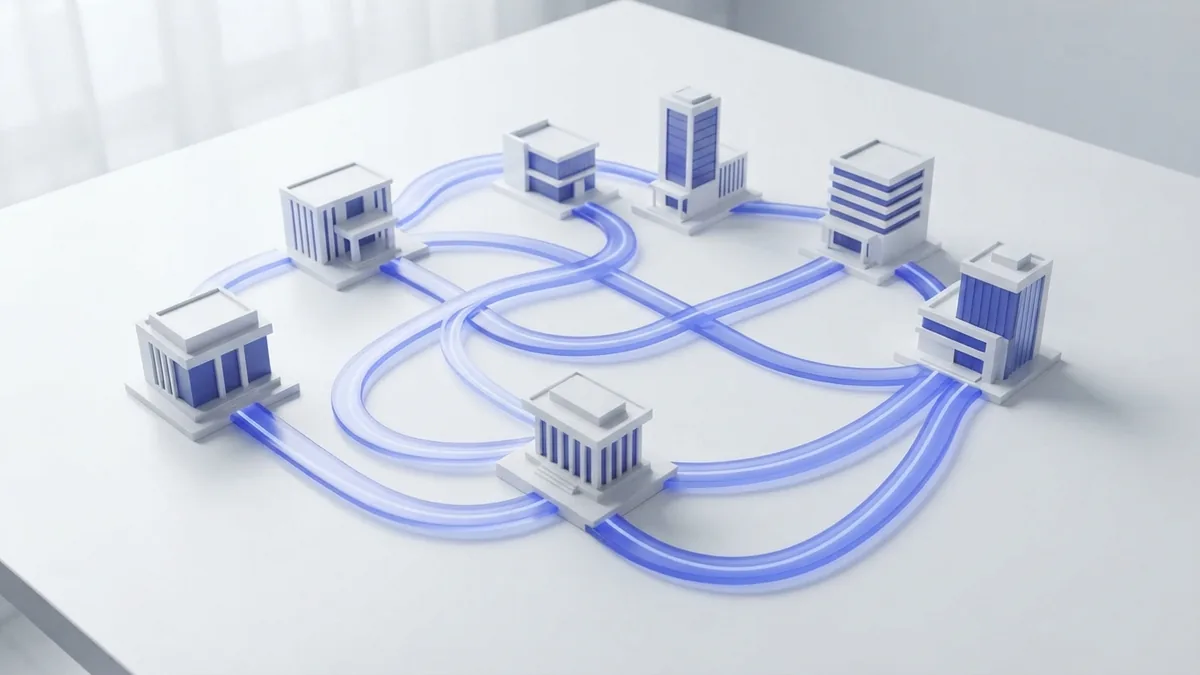 Bank buildings connected by paths to represent ACH transfers between customer and business accounts