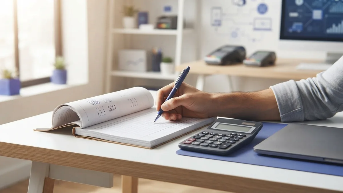 Business owner reviewing monthly cash flow and recurring bank payment costs
