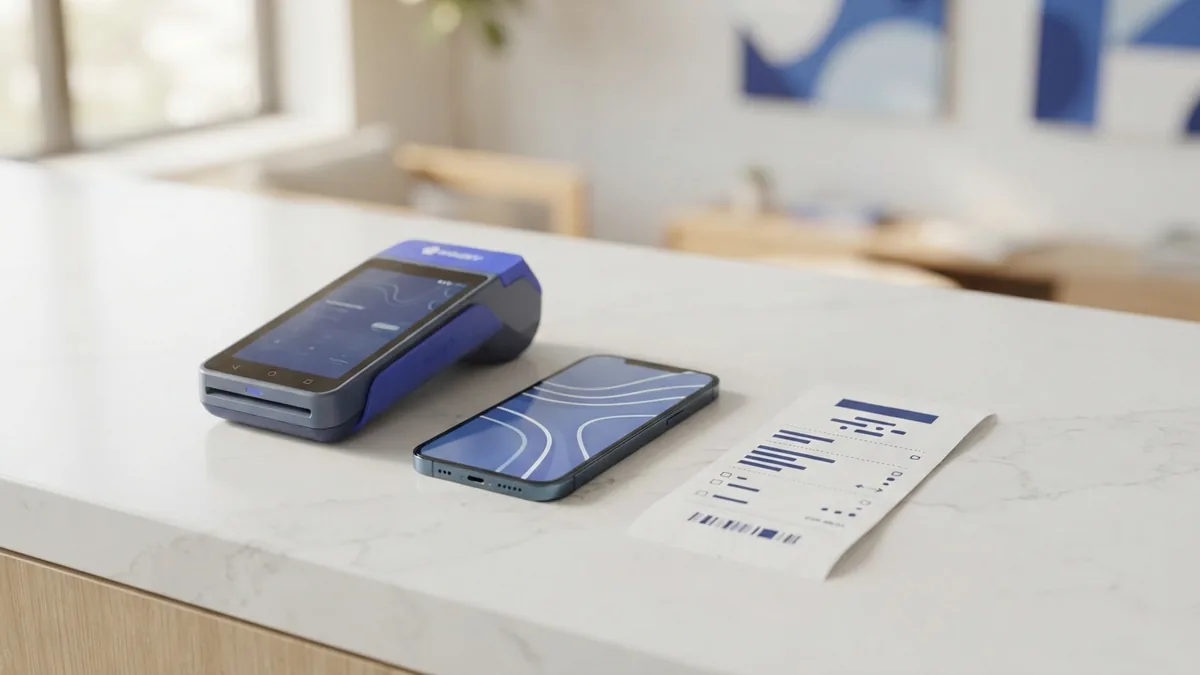 Payment terminal and smartphone showing the tools used in a card sale