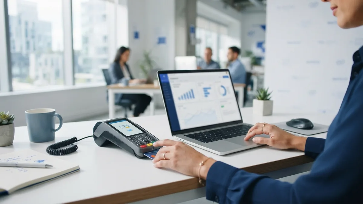 Small business payment terminal and laptop on a desk during provider selection