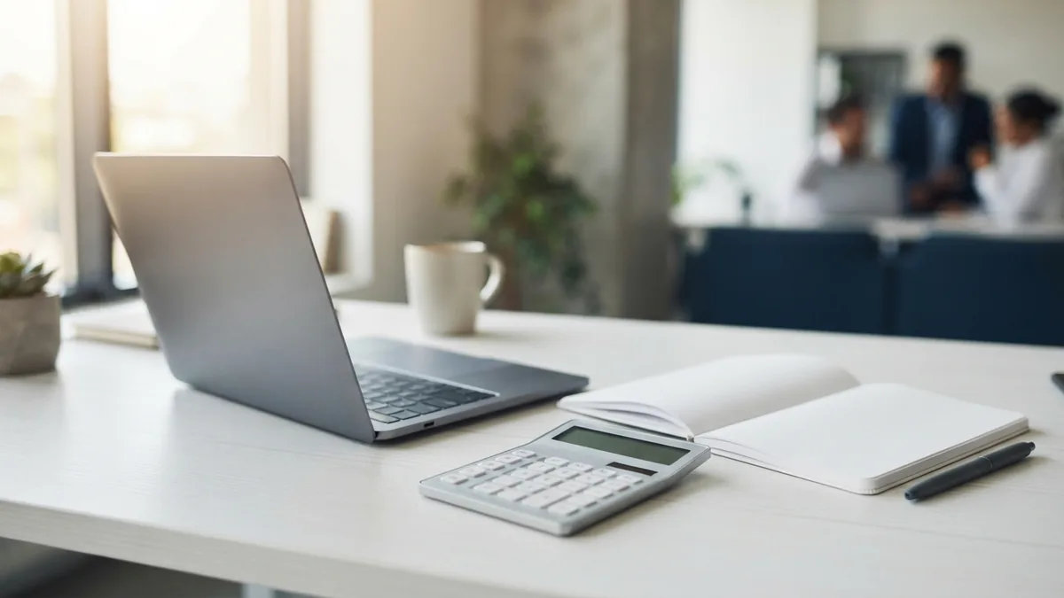 Business desk with a laptop and calculator for comparing payment gateway costs