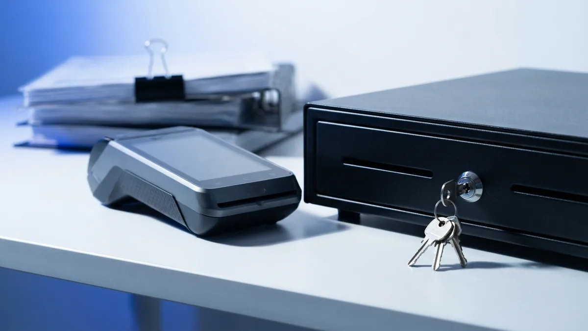 Secure payment terminal beside business records and protected cash handling tools