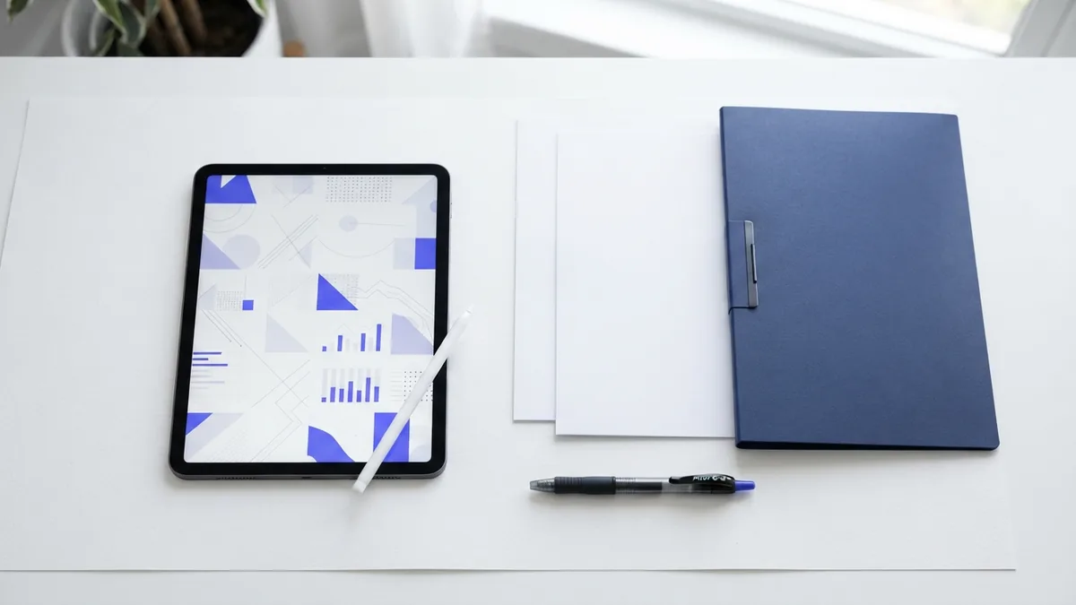 A smoother document workflow Tablet and paper forms arranged to show a faster digital document workflow
