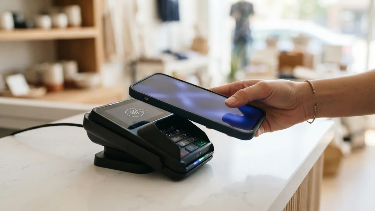 Smartphone held near a contactless terminal during an in-store digital wallet payment
