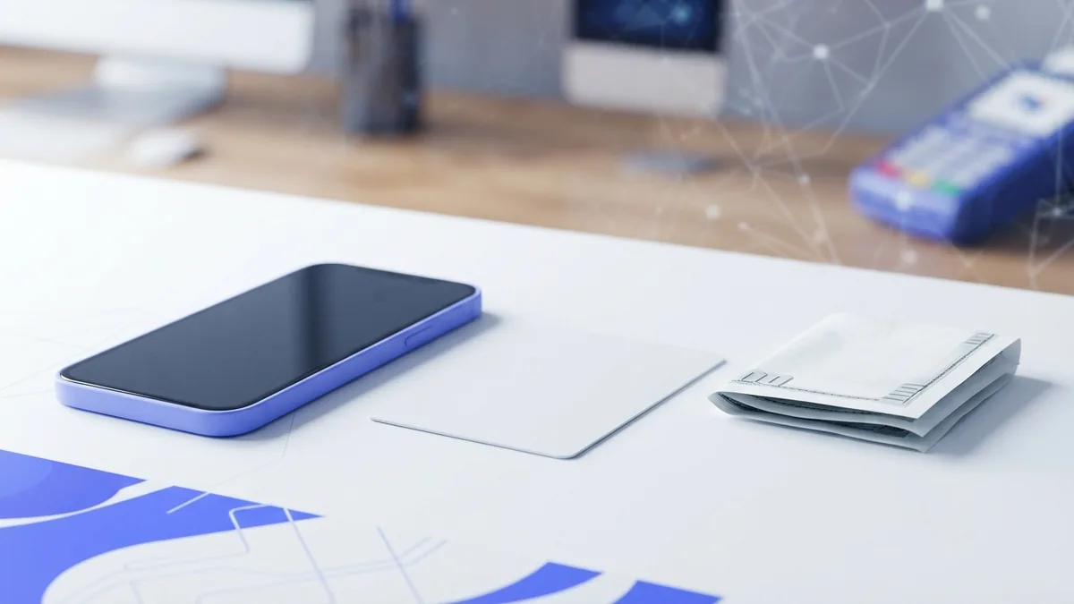 Bank card, smartphone, and bill representing common digital payment methods