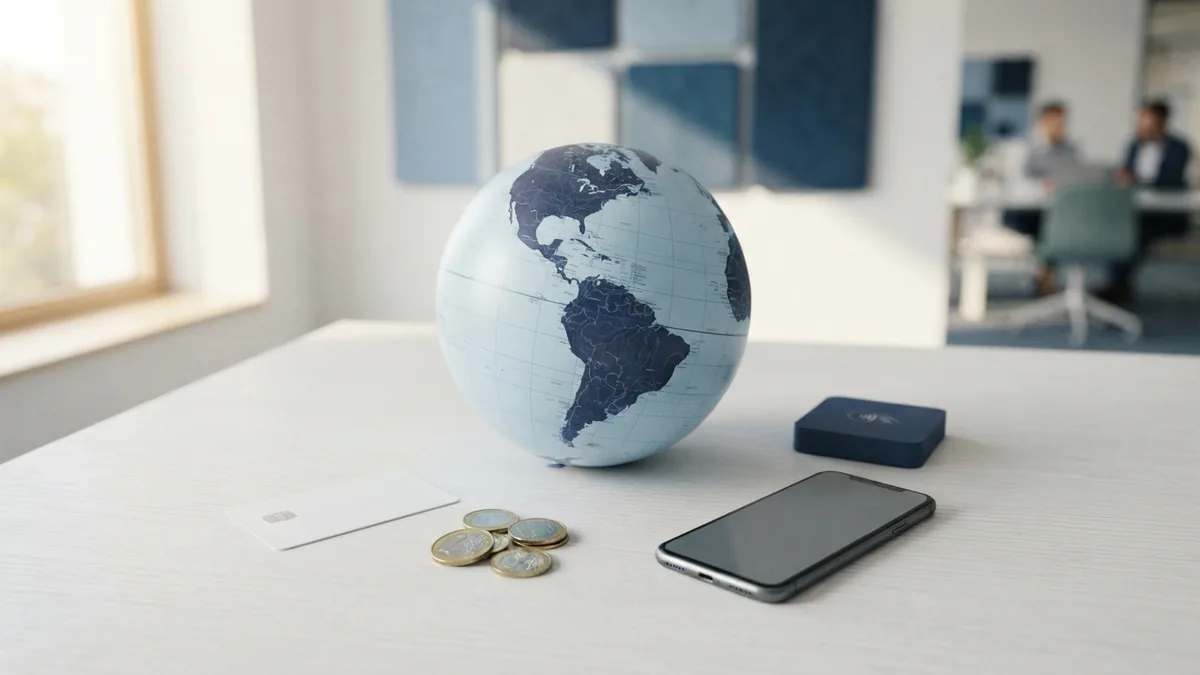 How an international payment moves Globe, card, phone, and coins showing the path of an international payment
