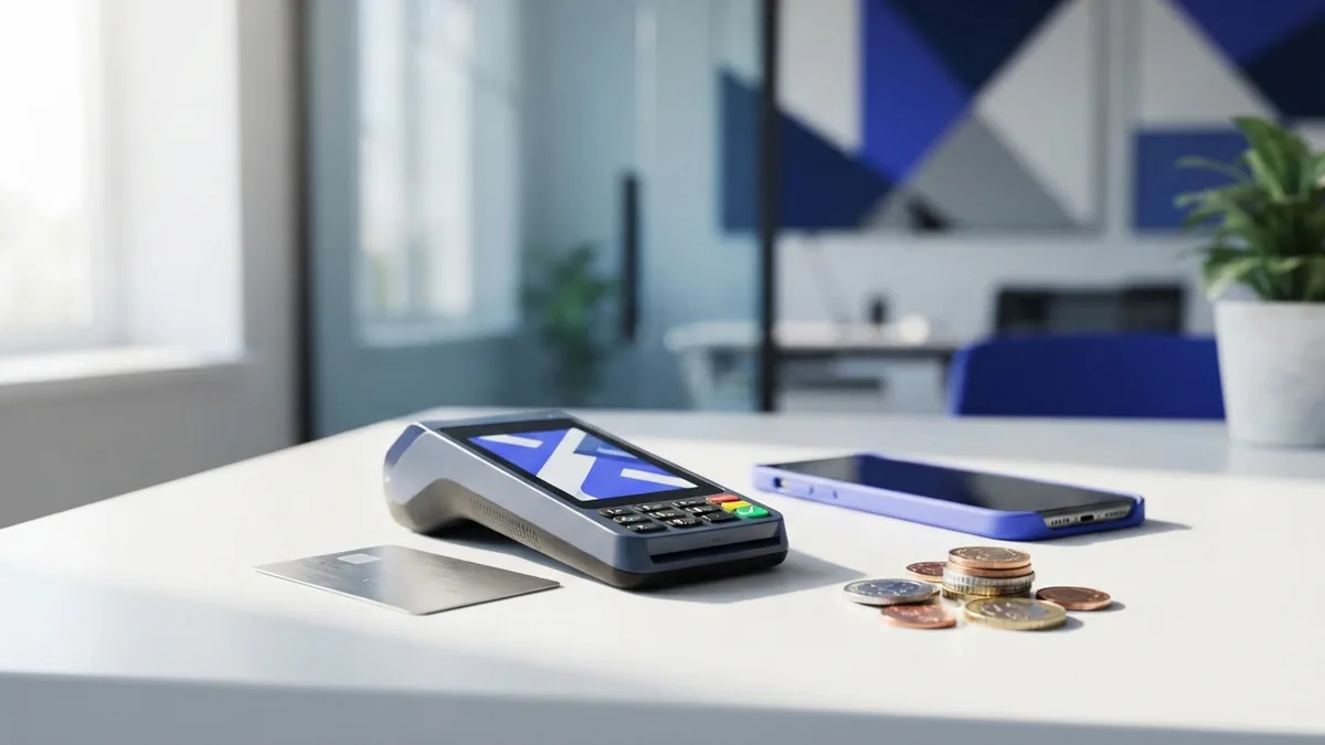 Payment terminal, phone, card, and coins showing the tools behind global processors