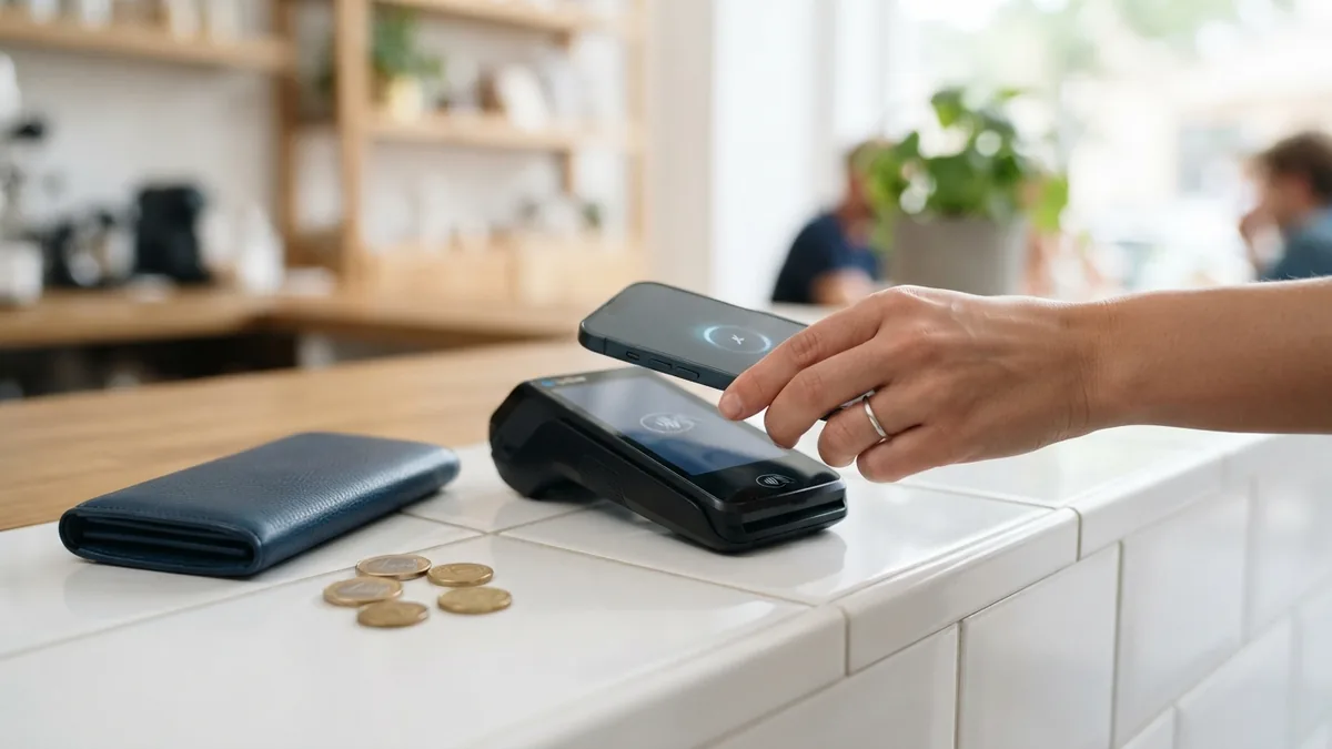 Digital wallets and contactless payments Phone tapping a contactless payment terminal beside a wallet and coins