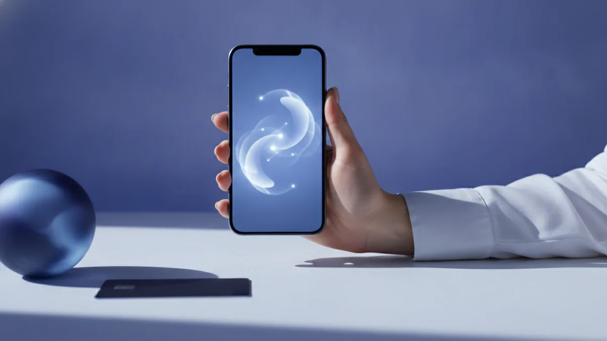 A hand holding a phone over an indigo studio surface, suggesting a cross-border mobile top-up in progress