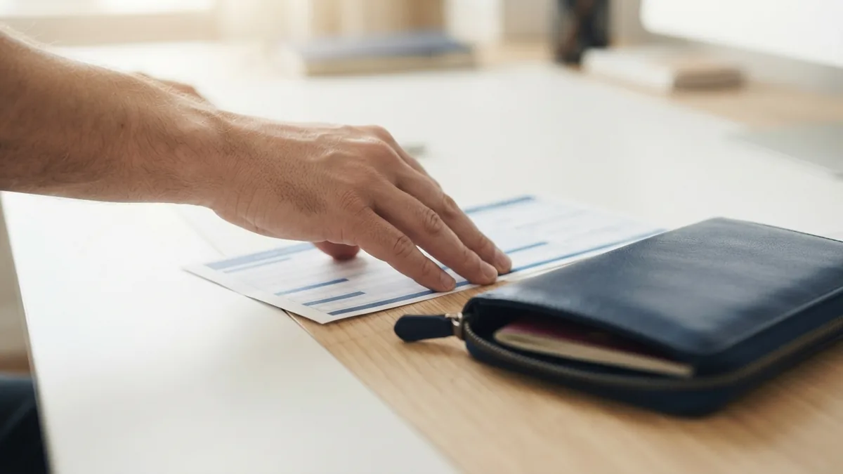 Sending an overseas bank payment Bank transfer paperwork beside travel items for an overseas payment