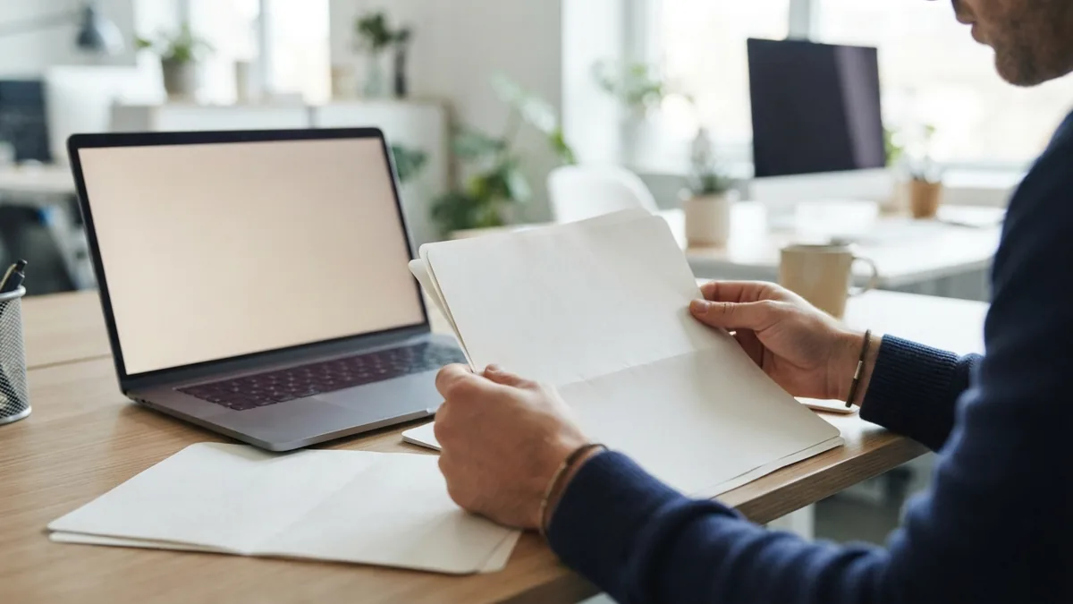 Hands checking bank documents beside a laptop to confirm transfer details