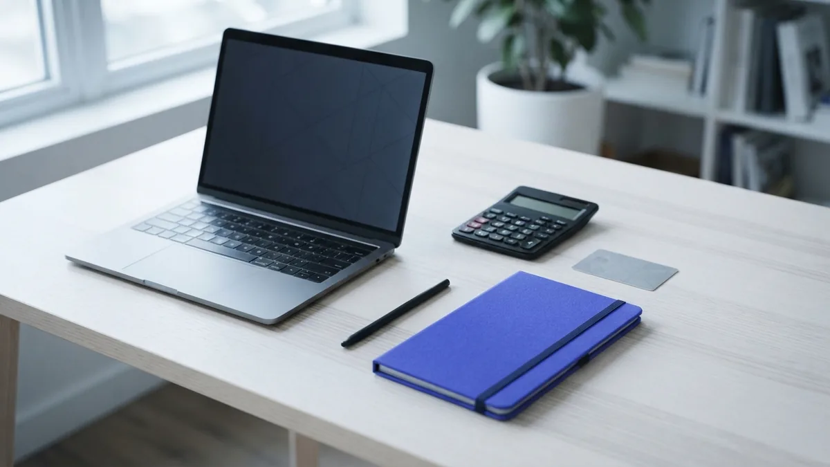 Laptop, calculator, and bank card prepared for an online tax payment