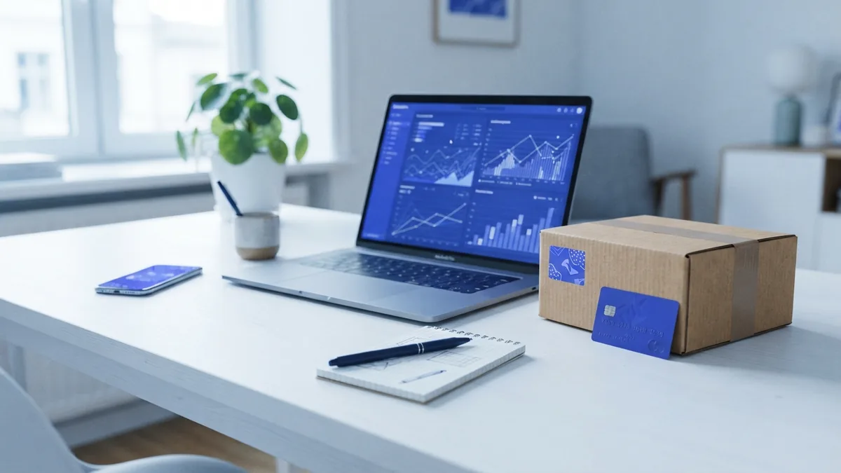 Online business payment setup with ecommerce tools and a shipping parcel