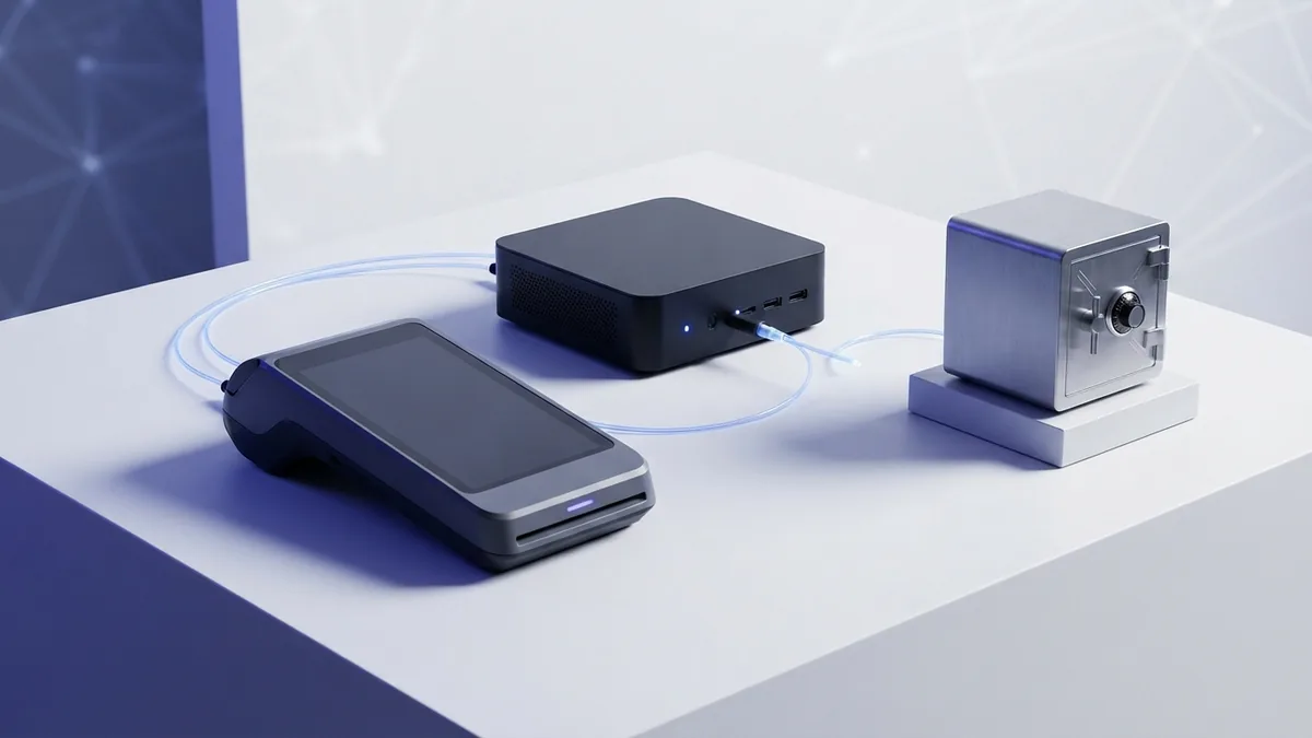 A tokenized payment flow Payment terminal and secure vault linked to show how tokenization moves through a payment flow