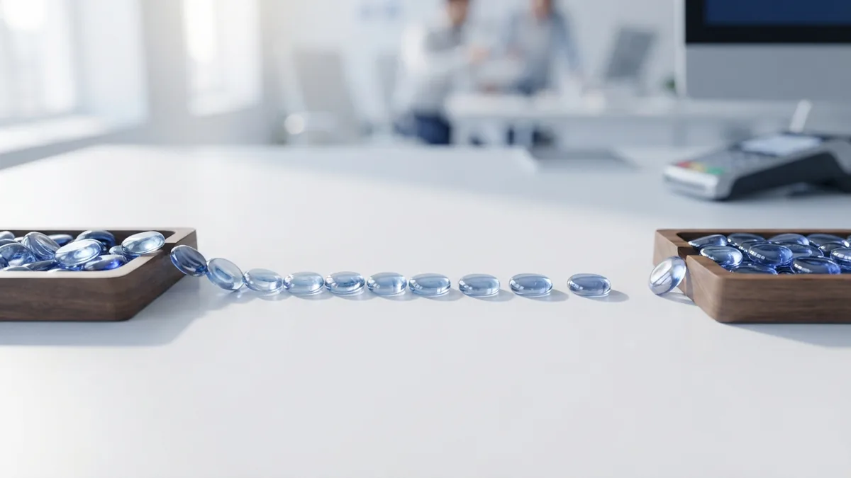 How funds move between banks Glass tokens passing between two trays to represent a bank transfer process