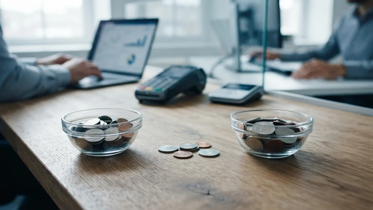 Coins arranged to show money moving into and out of bank accounts