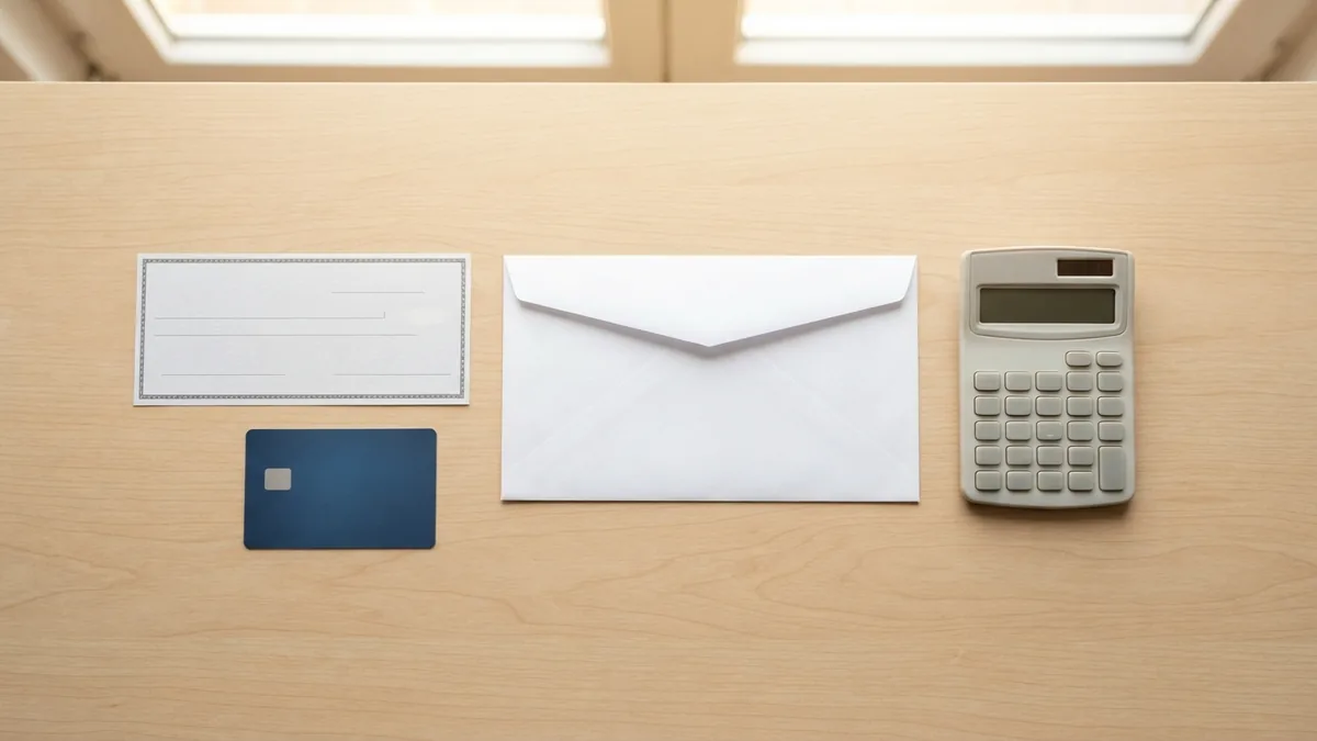 Bank card, check, and payment tools representing common ways to send money