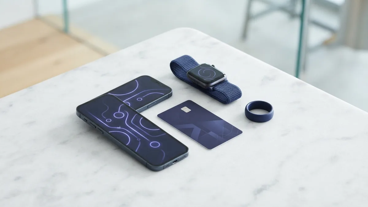 Types of contactless payment devices Contactless card, smartphone, smartwatch, and ring arranged as payment devices