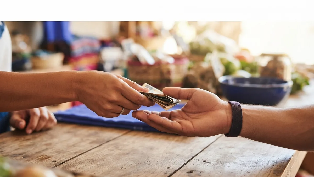 Cash passing between a payer and payee at a small market counter