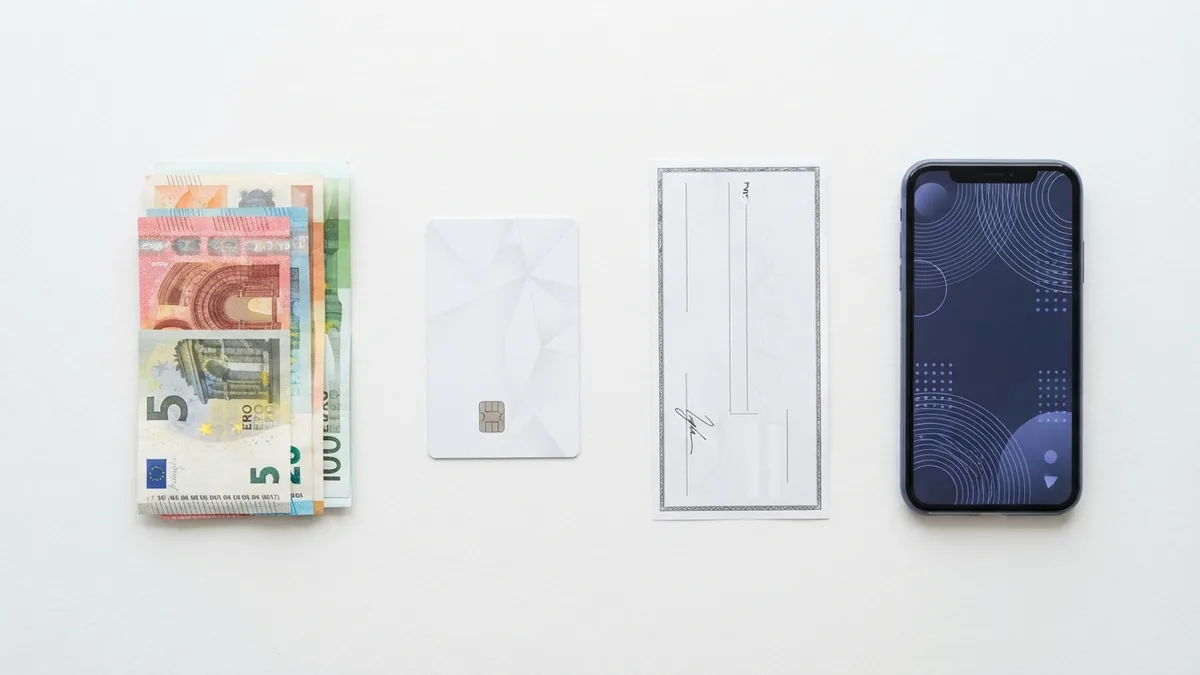 Compare common payment methods Cash, check, bank card, and smartphone shown as different payment methods