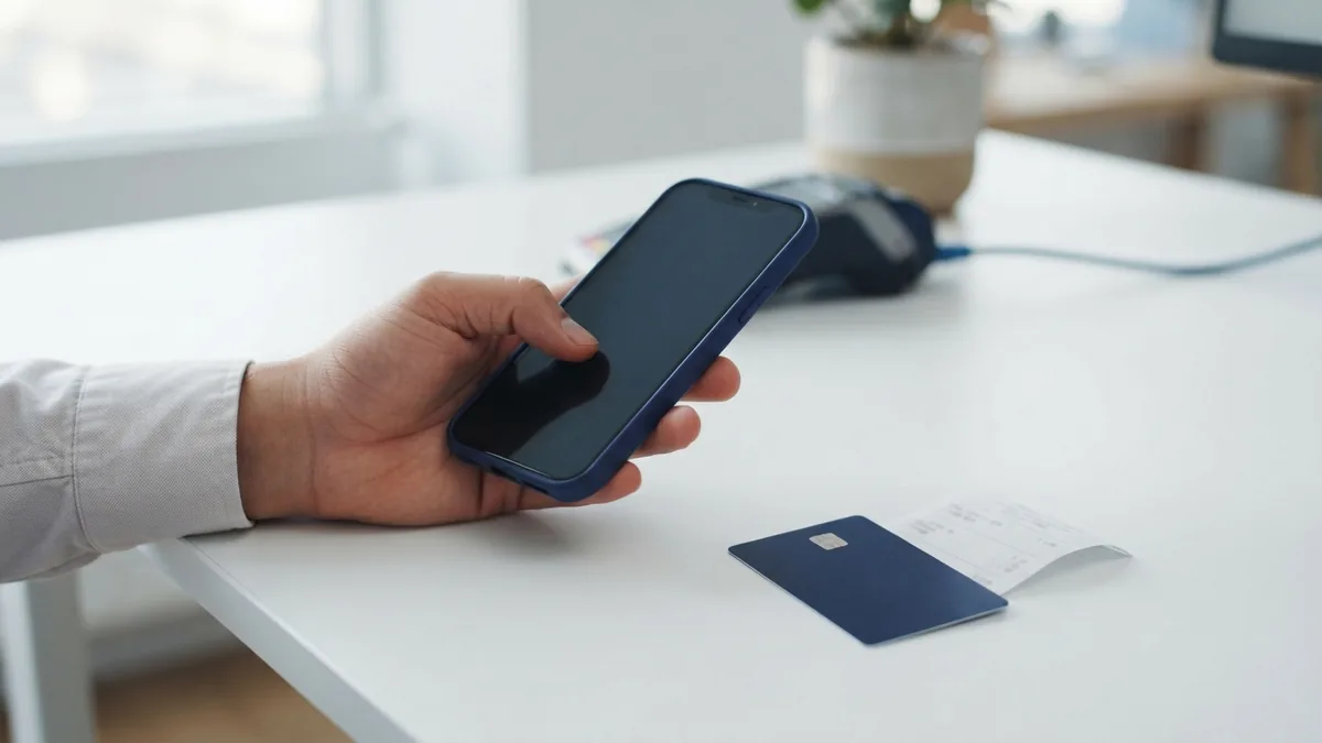 Mobile payments through a bank A phone beside a bank card and receipt to represent mobile banking payments