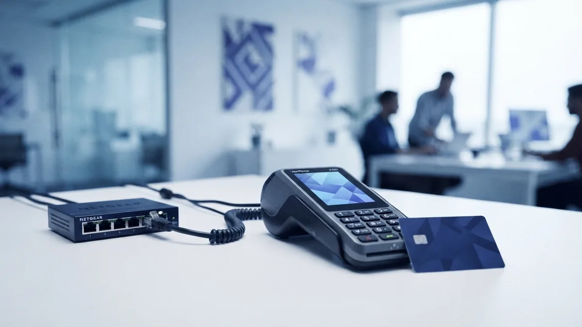 Payment terminal linked to network equipment to show the scope of PCI DSS controls