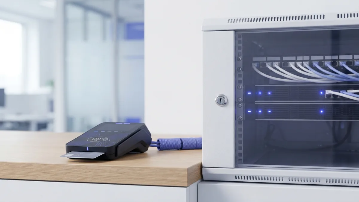 Card reader and secured server cabinet representing payment data protection and trust