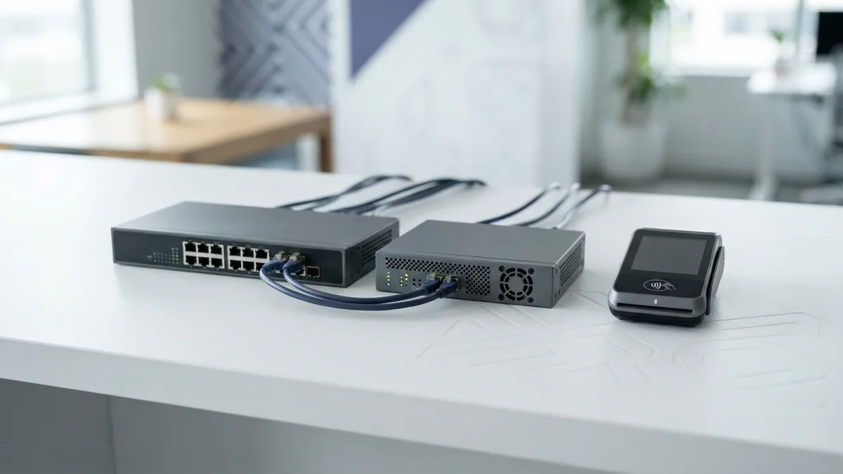 Core controls for payment security Network hardware and payment terminal representing core PCI DSS security requirements