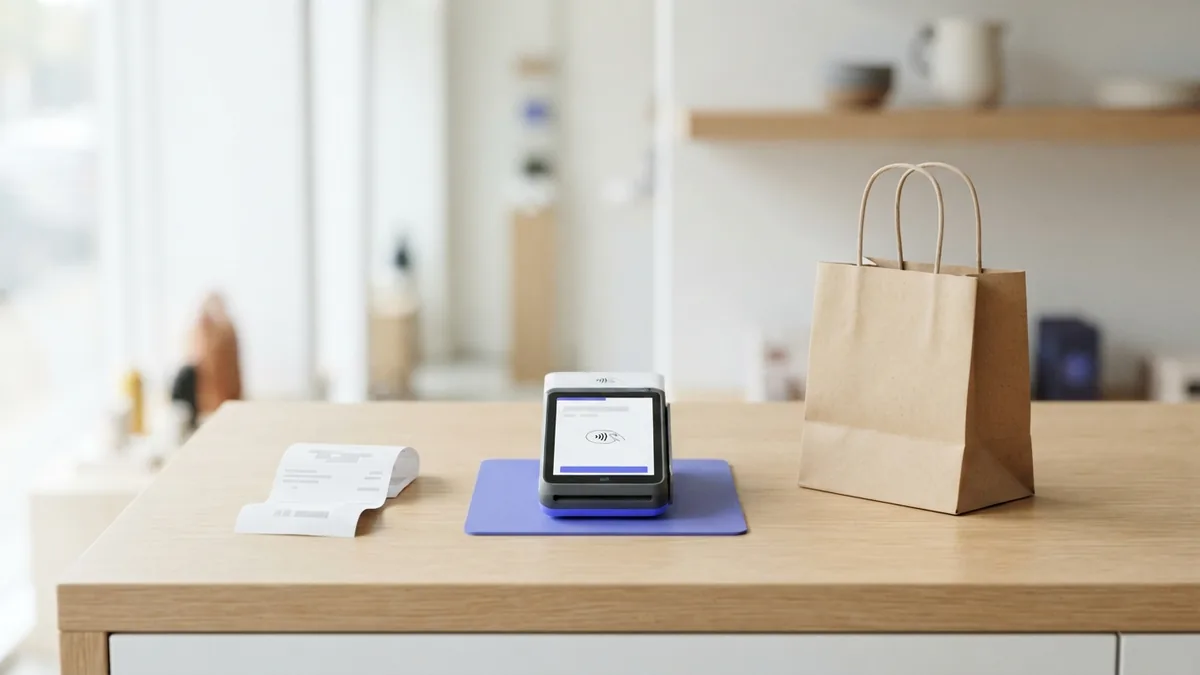 Fees at a shop checkout Card terminal and receipt at a shop checkout, illustrating fees added during a purchase