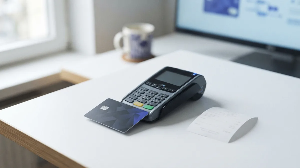 Payment card, reader, and receipt representing the steps behind a card payment